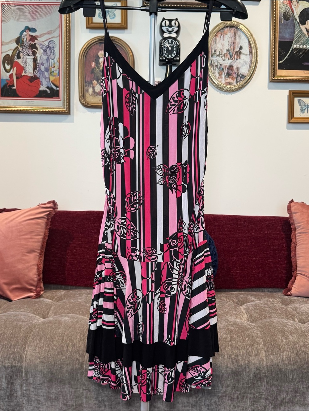 Y2K Pink & Black Striped Floral Drop-Waist Sundress